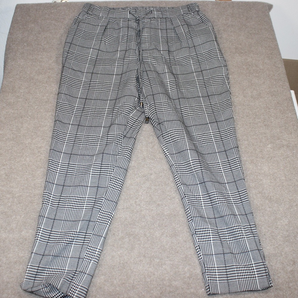 Cato Black White Glen Plaid Drawstring Elastic Waist Tapered Pants Plus 14/16W